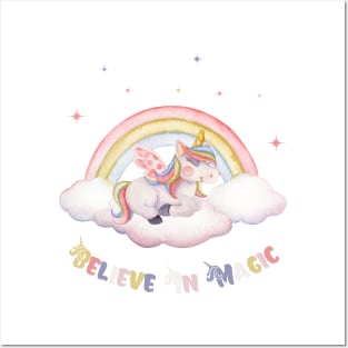 Believe In Magic Cute Unicorn With Stars Posters and Art